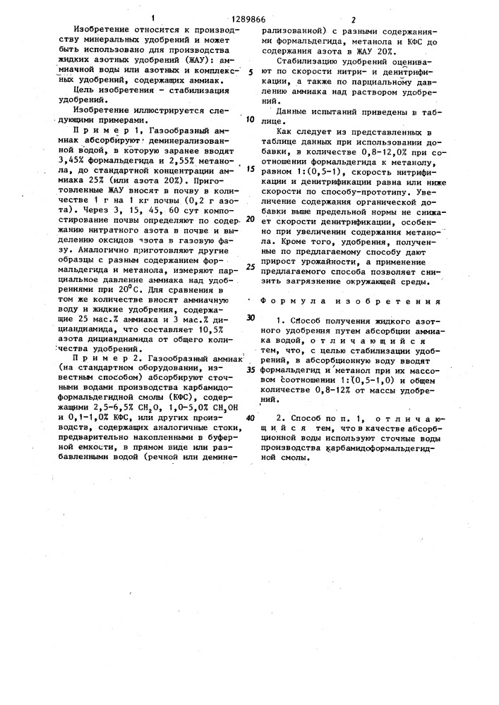 Способ получения жидкого азотного удобрения (патент 1289866)