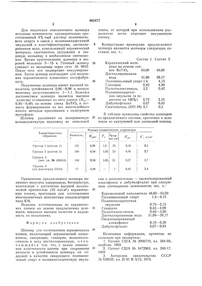 Шликер для изготовления керамических пленок (патент 682477)