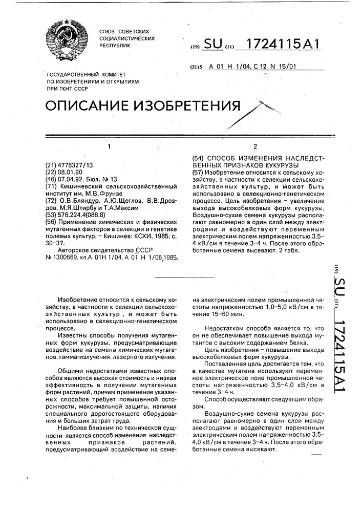 Способ изменения наследственных признаков кукурузы (патент 1724115)