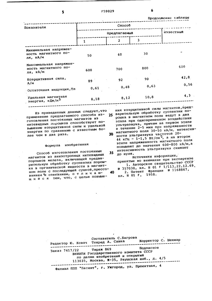 Способ изготовления постоянных магнитов из анизотропных нитевидных порошков железа (патент 859029)