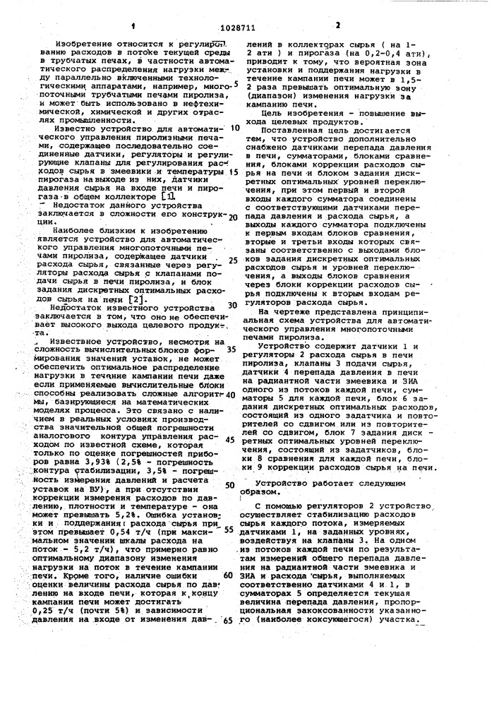 Устройство для автоматического управления многопоточными печами пиролиза (патент 1028711)