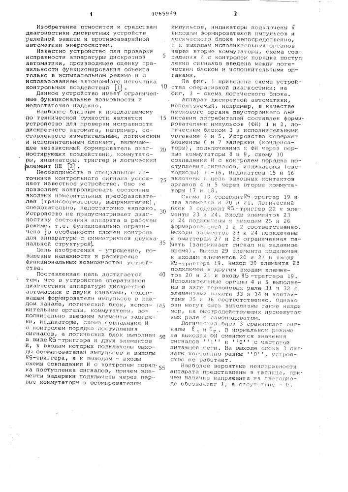 Устройство оперативной диагностики аппаратуры дискретной автоматики (патент 1065949)