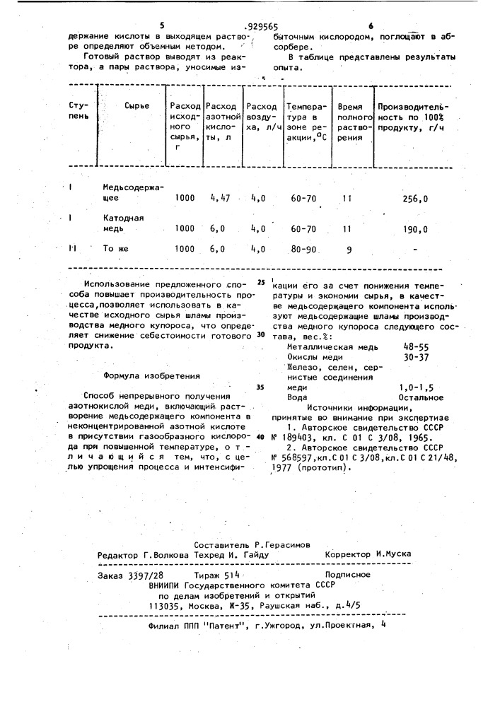 Способ непрерывного получения азотнокислой меди (патент 929565)