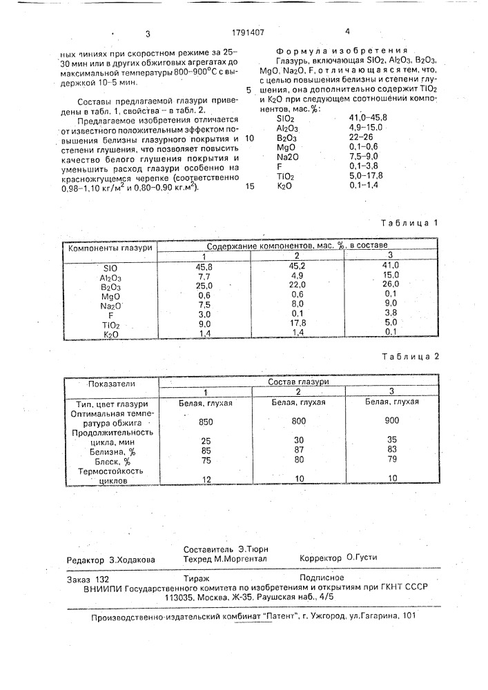 Глазурь (патент 1791407)