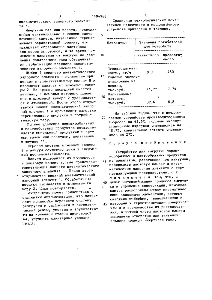 Устройство для выгрузки порошкообразных и пастообразных продуктов из аппаратов, работающих под вакуумом (патент 1494966)