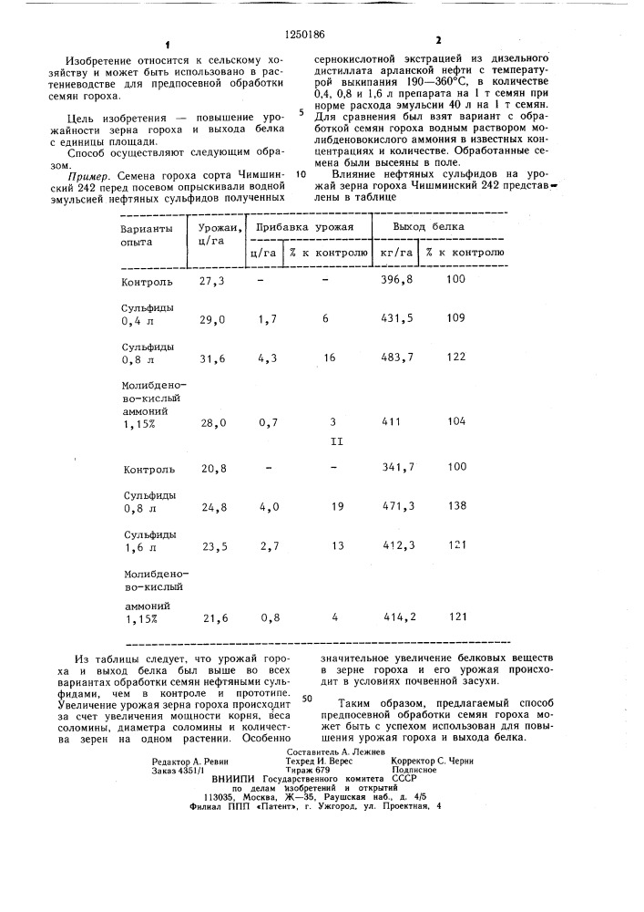 Способ предпосевной обработки семян гороха (патент 1250186)