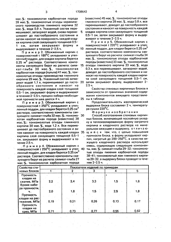 Способ изготовления стеновых кирпичных блоков (патент 1708642)