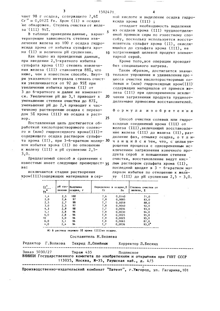 Способ очистки солевых или гидроксидных соединений хрома ( @ ) от железа ( @ ) (патент 1502471)