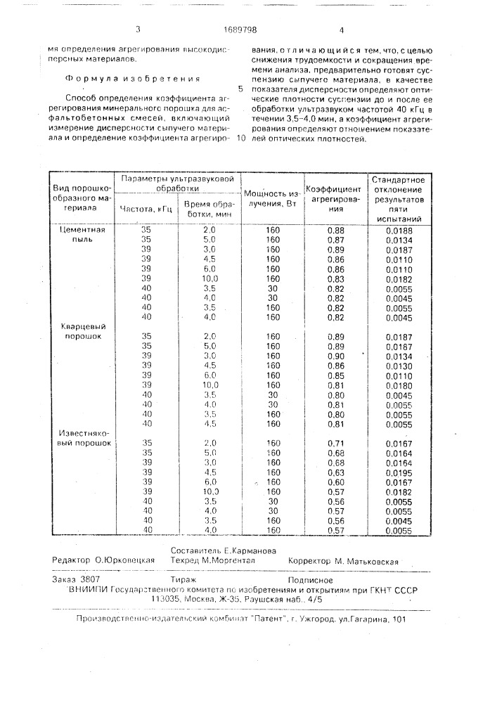 Способ определения коэффициента агрегирования минерального порошка для асфальто-бетонных смесей (патент 1689798)