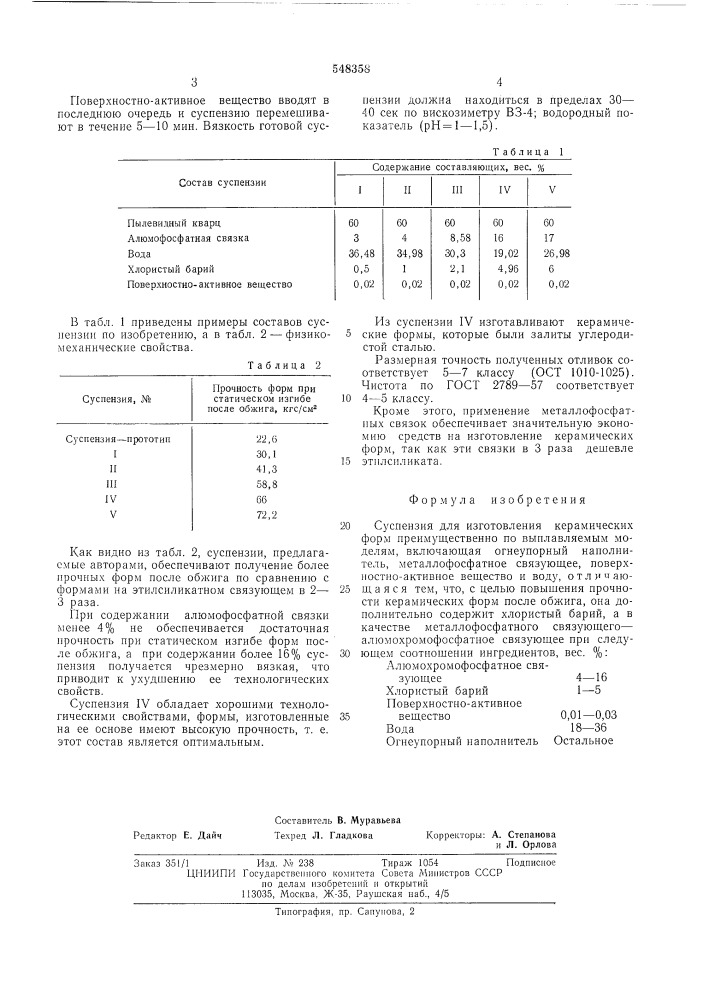 Суспензия для изготовления керамических форм (патент 548358)