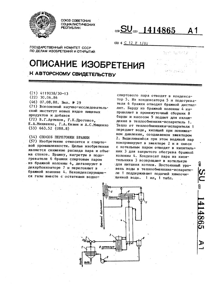 Способ перегонки бражки (патент 1414865)