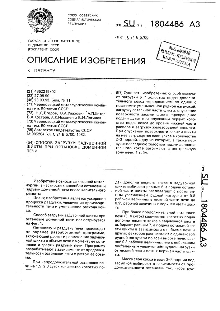 Способ загрузки задувочной шихты при остановке доменной печи (патент 1804486)