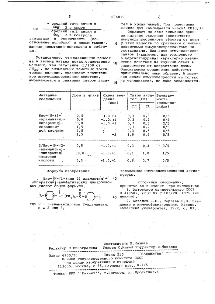 Бис - (1-(или 2) (адамантил) -пиперазиды) алифатических дикарбоновых кислот, обладающие иммунодепрессивной активностью (патент 696019)