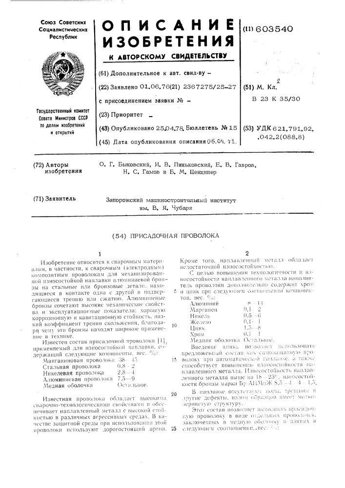 Присадочная проволока (патент 603540)