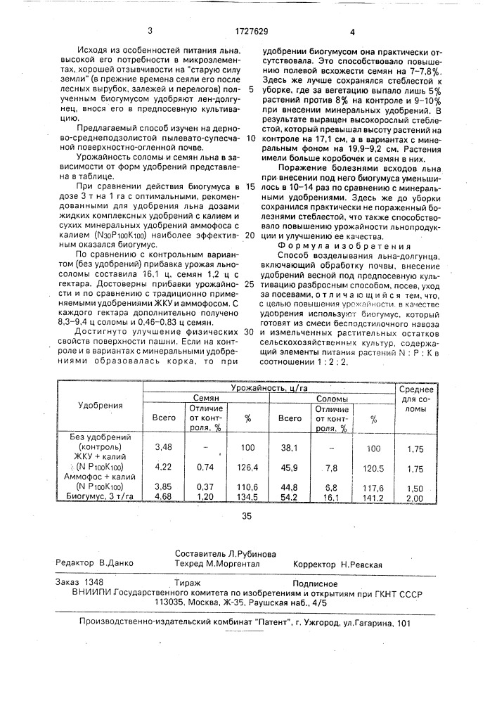 Способ возделывания льна-долгунца (патент 1727629)