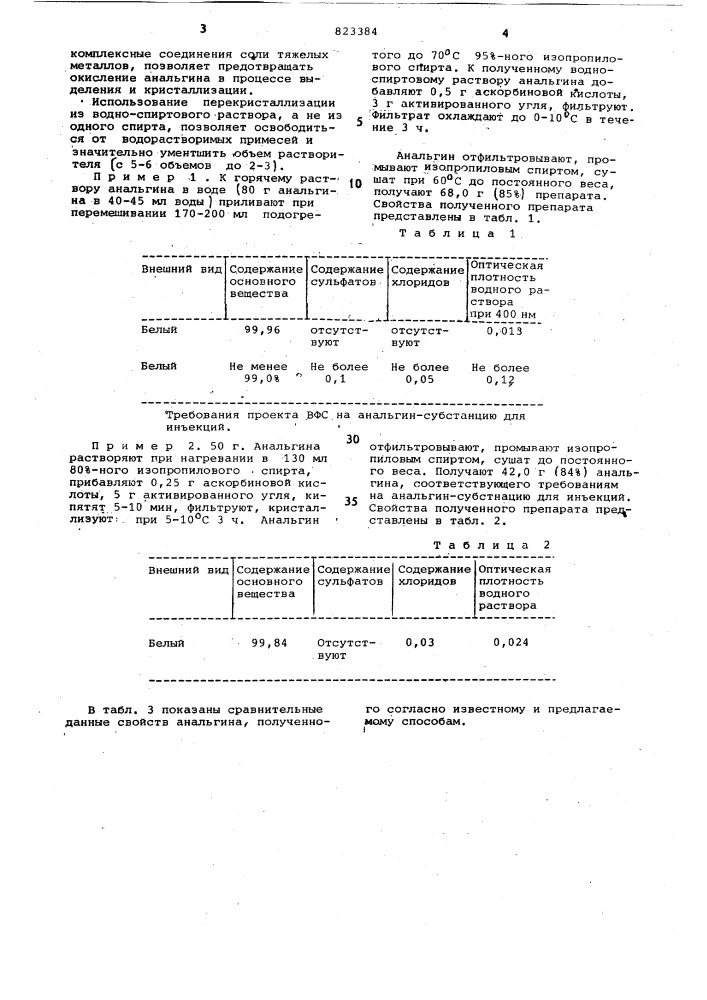 Способ очистки анальгина (патент 823384)