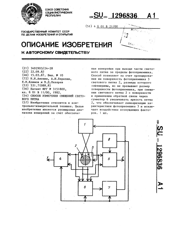 Способ измерения смещений светового пятна (патент 1296836)