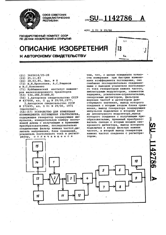 Устройство для измерения коэффициента поглощения ультразвука (патент 1142786)