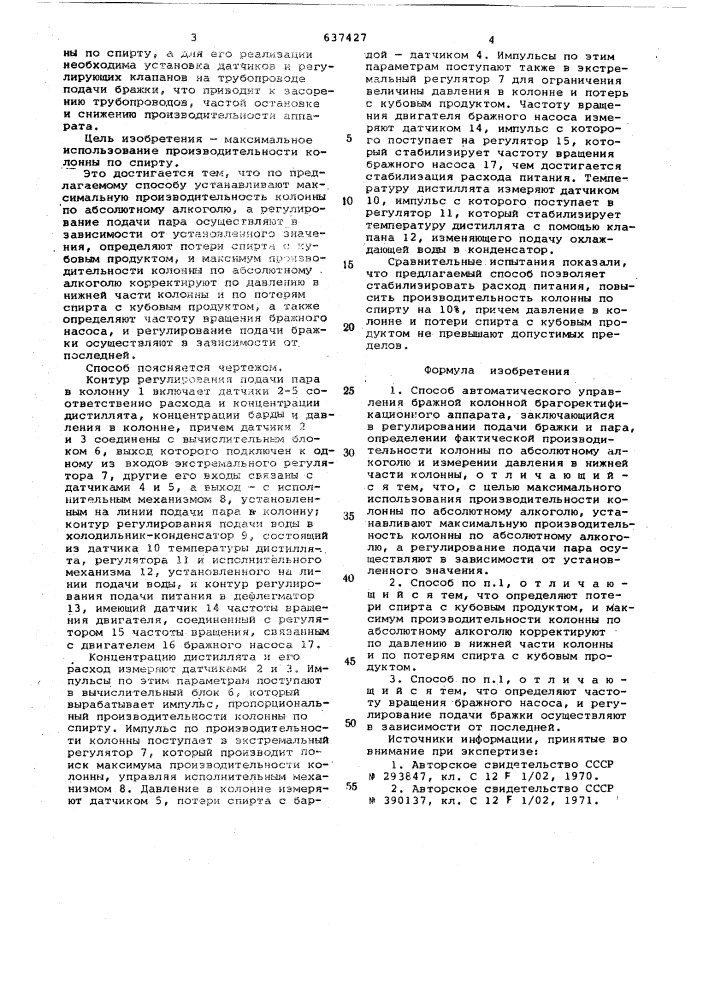 Способ автоматического управления бражной колонной брагоректификационного аппарата (патент 637427)