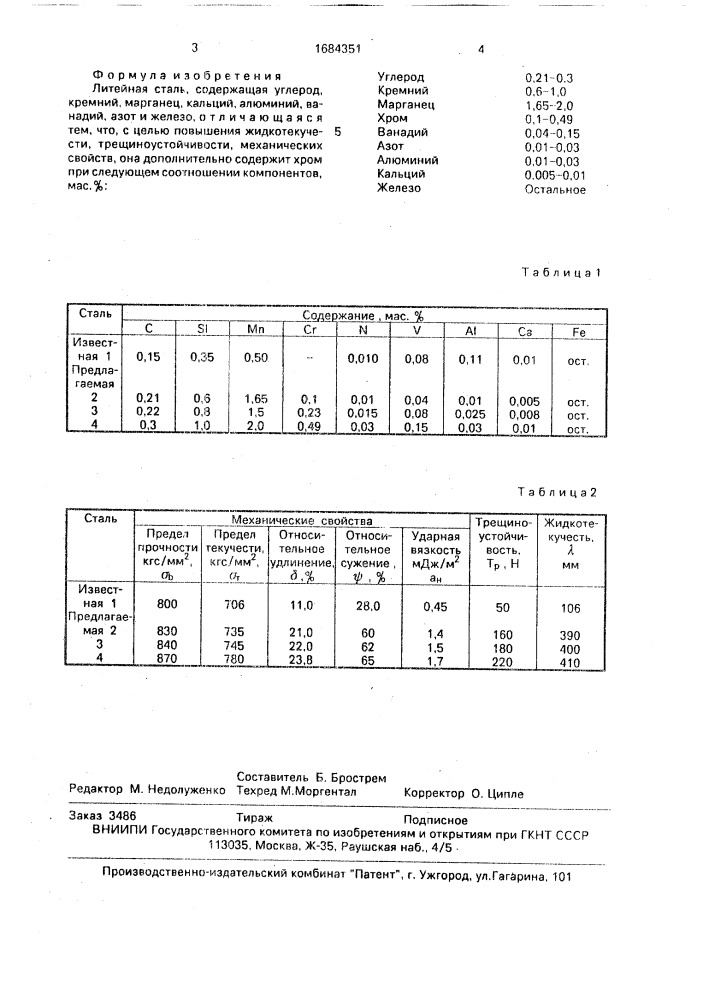 Литейная сталь (патент 1684351)