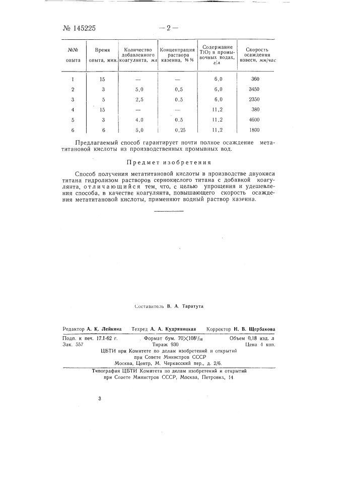 Способ получения метатитановой кислоты (патент 145225)