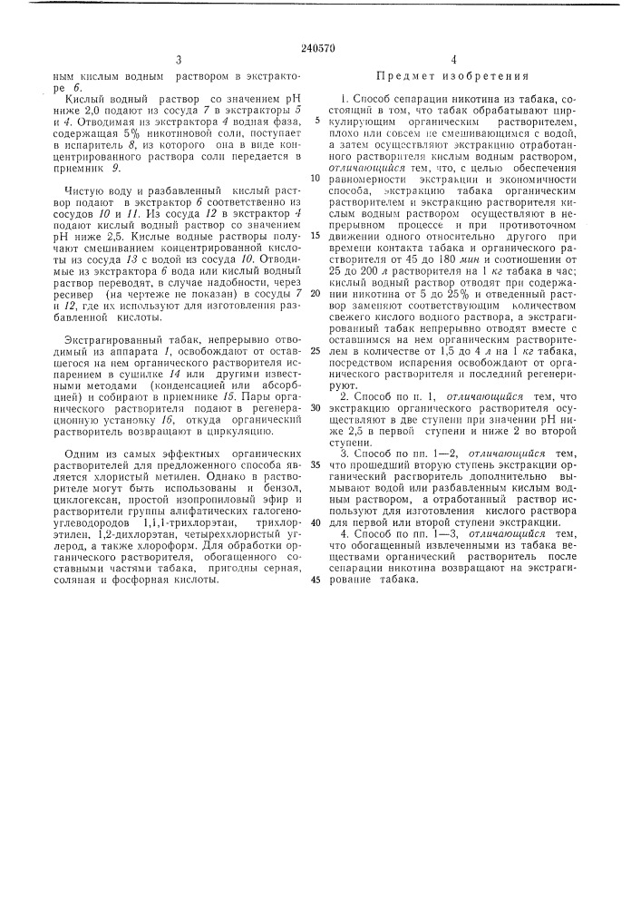 Способ сепарации никотина из табака (патент 240570)