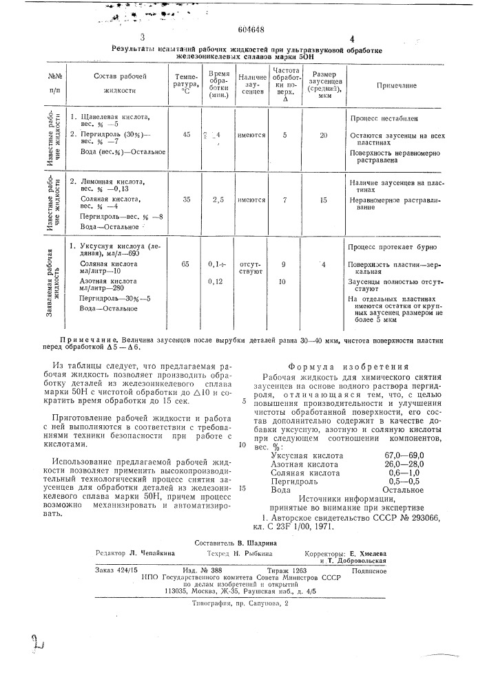 Рабочая жидкость для химического снятия заусенцев (патент 604648)