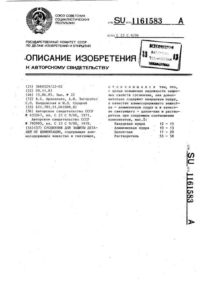 Суспензия для защиты деталей от цементации (патент 1161583)