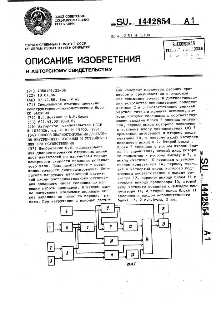 Способ диагностирования двигателя внутреннего сгорания и устройство для его осуществления (патент 1442854)