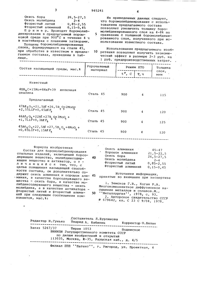 Состав для боромолибденирования стальных изделий (патент 945241)