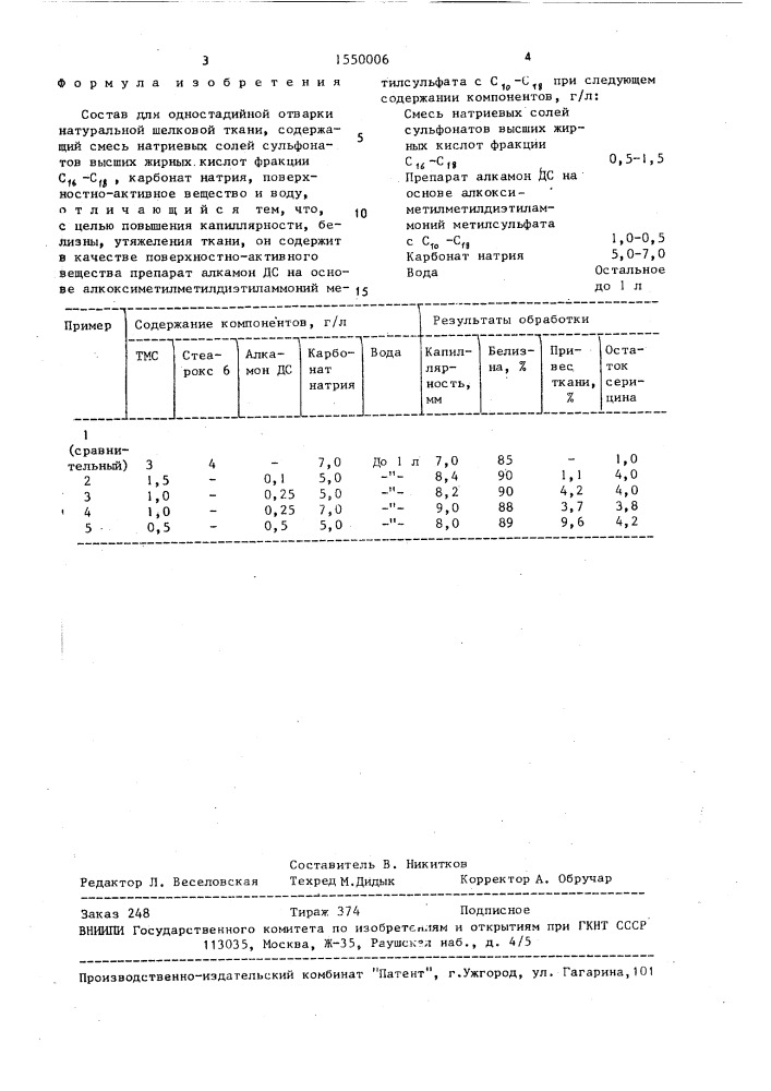 Состав для одностадийной отварки натуральной шелковой ткани (патент 1550006)