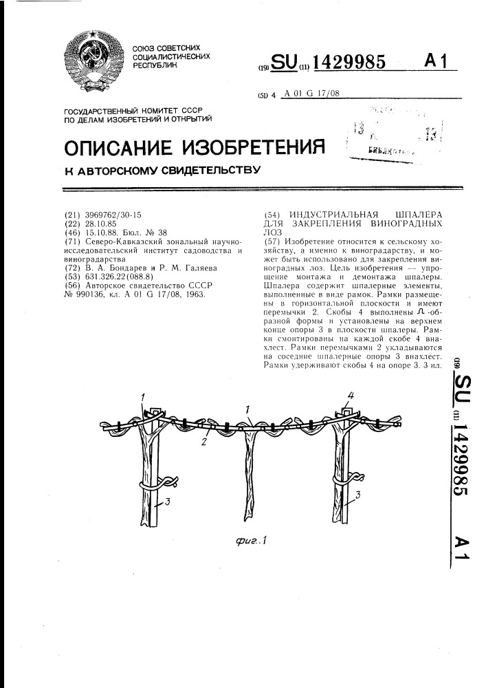 Индустриальная шпалера для закрепления виноградных лоз (патент 1429985)