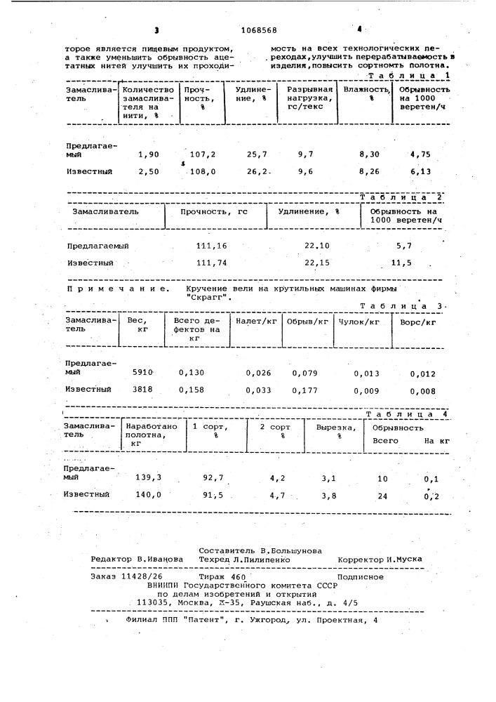 Замасливатель для ацетатных нитей (патент 1068568)