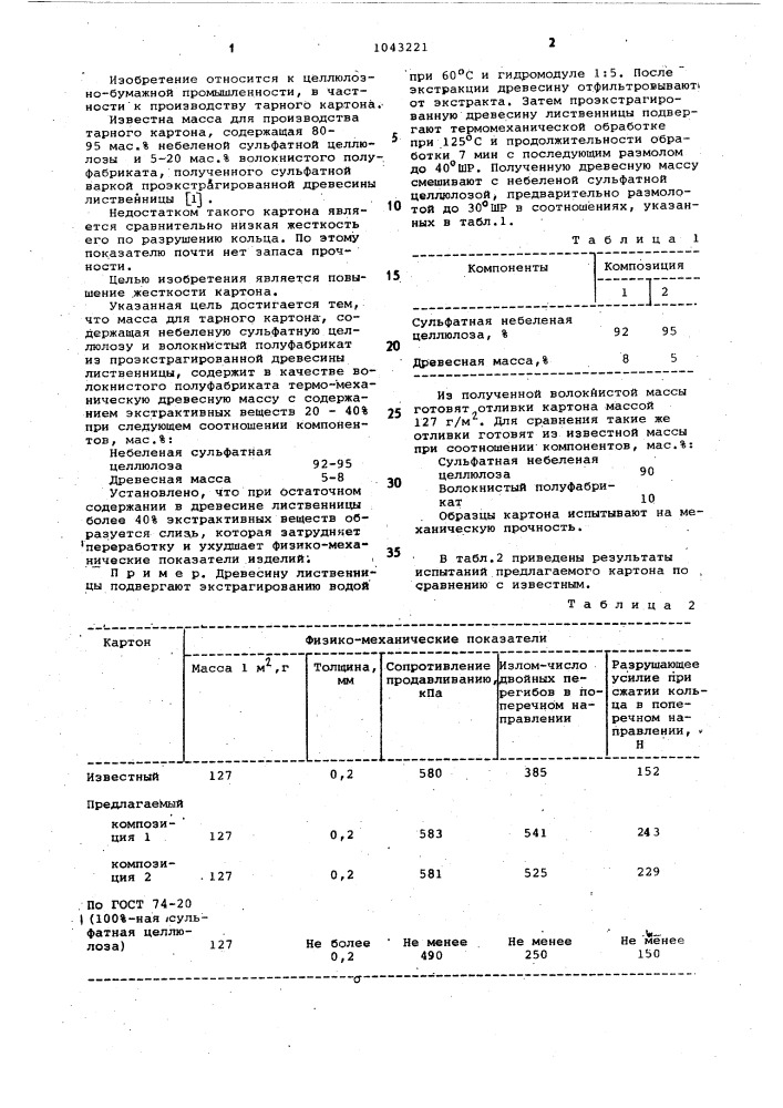 Масса для тарного картона (патент 1043221)