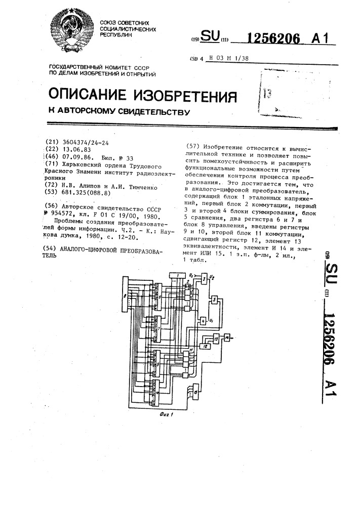 Аналого-цифровой преобразователь (патент 1256206)