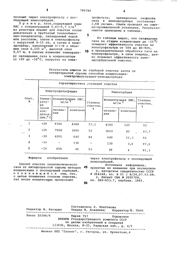 Способ очистки технологическогогаза ot пятифтористой сурьмы (патент 799790)