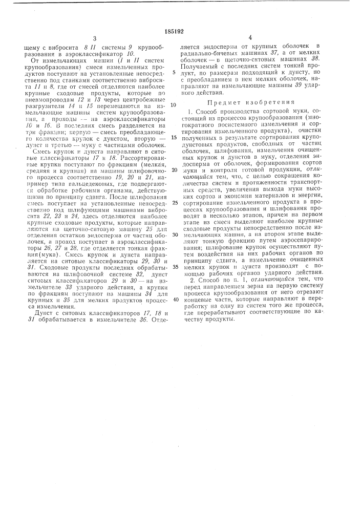 Способ производства сортовой муки (патент 185192)