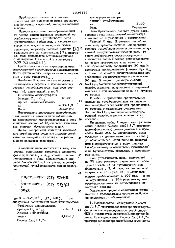 Состав пенообразователя для тушения пожаров (патент 1036333)