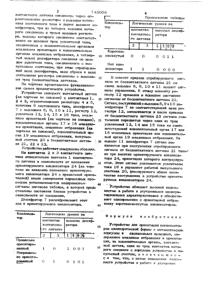 Устройство для ориентации конденсаторов цилиндрической формы с металлическим корпусом и аксиальными выводами (патент 743056)