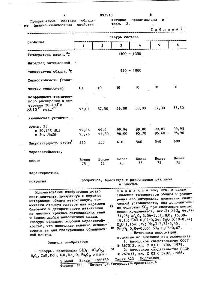 Глазурь (патент 893918)