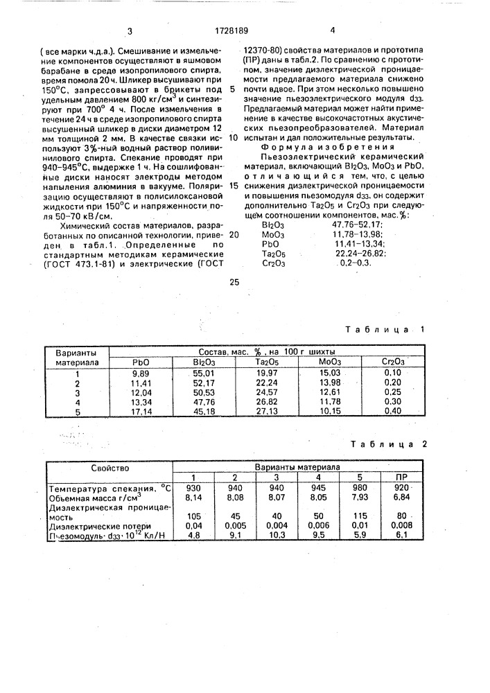 Пьезоэлектрический керамический материал (патент 1728189)
