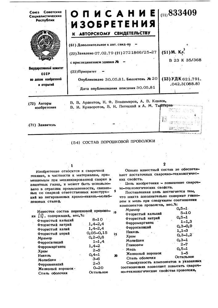 Состав порошковой проволоки (патент 833409)