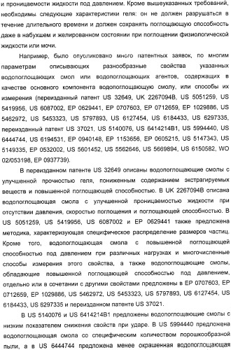 Водопоглощающий агент в виде частиц, содержащий в качестве основного компонента водопоглощающую смолу (варианты), поглощающее изделие на его основе и варианты способа получения водопоглощающего агента (патент 2338763)