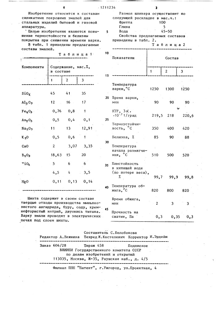 Эмаль для покрытия стальных изделий (патент 1211234)