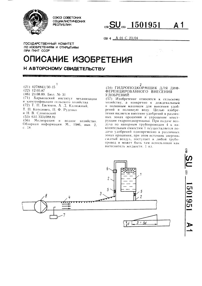 Гидроподкормщик для дифференцированного внесения удобрений (патент 1501951)