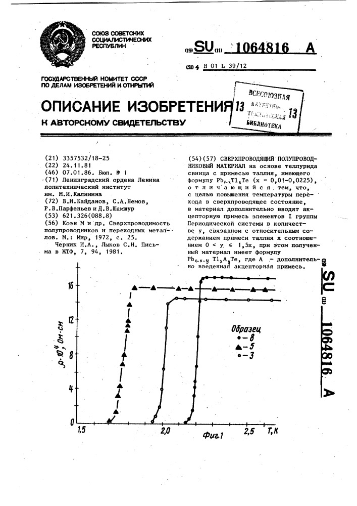Сверхпроводящий полупроводниковый материал (патент 1064816)