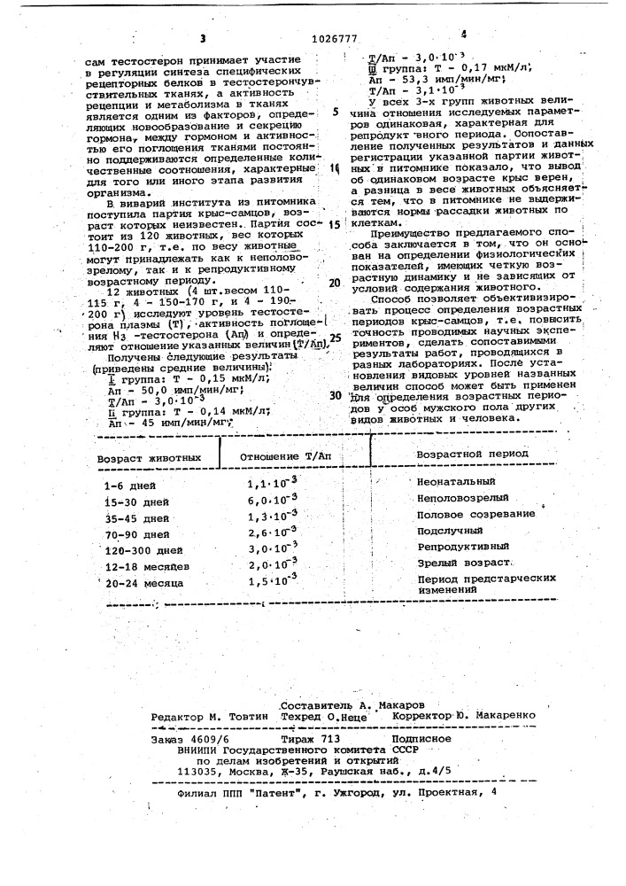 Способ определения возраста у самцов крыс (патент 1026777)