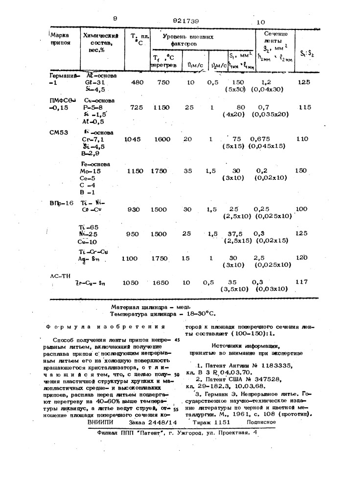 Способ получения ленты припоя непрерывным литьем (патент 921739)