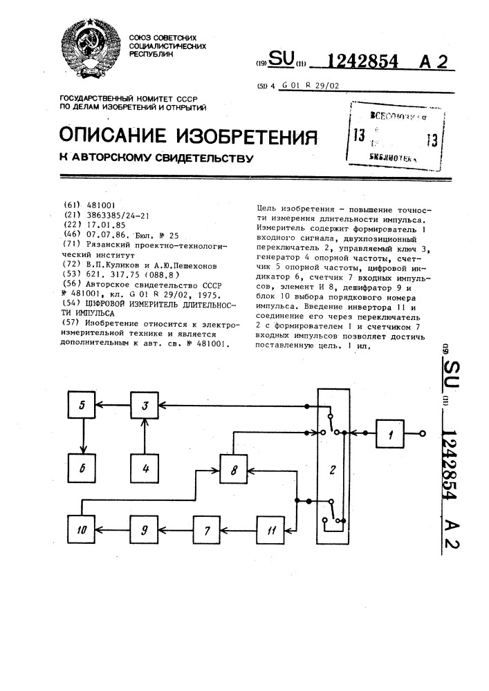 Цифровой измеритель длительности импульса (патент 1242854)