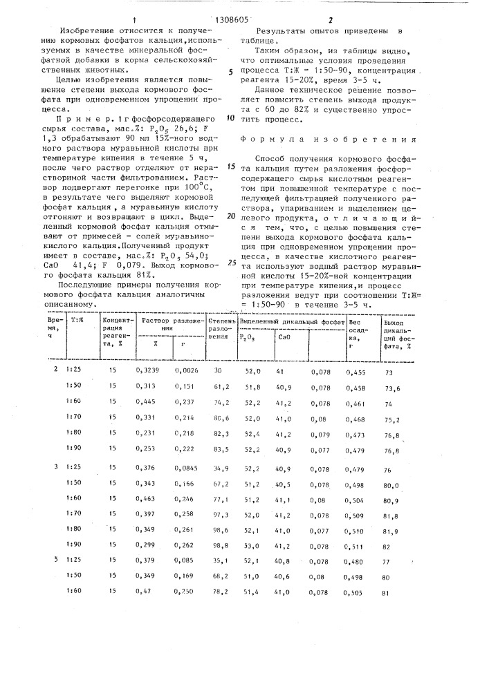 Способ получения кормового фосфата кальция (патент 1308605)